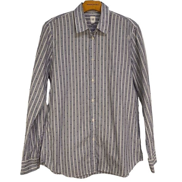 Gap Women's size Medium Tall Blue white silver striped long sleeve button up top - Picture 2 of 13